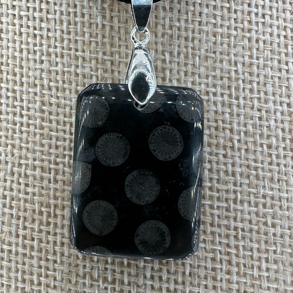 Black Coral Fossil Pendant Necklace on Black Satin Rope - Picture 8 of 14